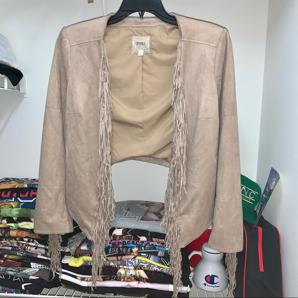 Guess Faux Suede Fringe Jacket Tan High Waisted M